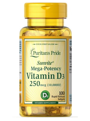 Вітамінна добавка Vitamin D3 250mcg(10000 IU) Mega-Potency - 100 softgels | 6995940