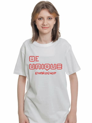 Футболка біла з вишивкою "Be unique with Embroshop" | 7127057