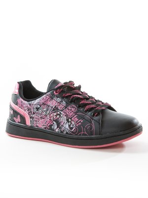Туфли черные спортивные с серо-розовым декорированным принтом | 38940