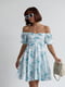 Платье А-силуэта бирюзового цвета с принтом и драпировкой спереди | 6333044 | фото 2