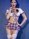 Еротичний костюм: топ, спідниця з підв'язками для панчох, білі панчохи, трусики-стрінги та аксесуари | 6336689