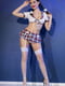 Эротический костюм: топ, юбка с подвязками для чулок, белые чулки, трусики-стринги и аксессуары | 6336689 | фото 3