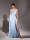 Платье в пол голубое с разрезом и золотой вставкой | 6506453