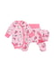 Комплект розовый с принтом динозавры: боди, ползунки и шапочка | 6514268