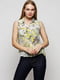 Блуза жовто-сіра з квітковим принтом | 6542157