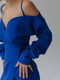 Синее мини-платье А-силуэта на запах с открытыми плечами | 6570254 | фото 4