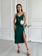 Легкое зеленое шелковое платье длины миди с разрезом | 6570289