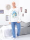 Пижама: белый лонгслив с принтом и голубые брюки | 6616550