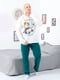 Пижама: белый лонгслив с принтом и зеленые брюки | 6616551
