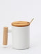 Чашка керамічна біла з дерев'яною ручкою, кришкою та ложкою (380 мл) | 6621431
