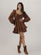 Сукня А-силуету з рукавами воланами темно-коричнева в горошок | 6666009