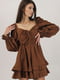 Сукня А-силуету з рукавами воланами темно-коричнева в горошок | 6666009 | фото 2