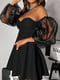 Чорна розкльошена міні-сукня з об'ємними рукавами з органзи та чашками | 6679164 | фото 2