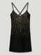 Черное короткое платье на тонких бретелях с глубоким вырезом и золотым декором | 6683480 | фото 3