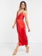 Червона сукня-міді з глибоким вирізом, прикрашена зборками | 6700134 | фото 2