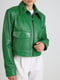 Укорочена шкіряна куртка зеленого кольору | 6705856 | фото 4