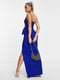 Вечірня сукня синього кольору з розрізом на нозі, відкритими плечима та декорована бантом | 6707226 | фото 3