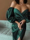 Платье зеленое атласное с пышными рукавами | 6506384 | фото 3