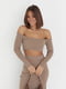 Трикотажный коричневый костюм в рубчик: юбка-карандаш с разрезом и кроп-топ | 6721625 | фото 5