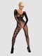 Бодістокінг Obsessive Bodystocking F210 S/M/L black, рукава-мітенки, сітка, кольорове мереживо | 6719657