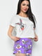 Пижама летняя шорты и футболка бело-фиолетового цвета | 6726214 | фото 2