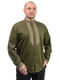 Котонова сорочка кольору хакі з орнаментованою вишивкою  | 6770142 | фото 3