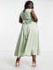 Розкльошена зелена сукня-міді з відлітним поясом-зав’язкою | 6790775 | фото 2