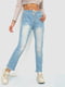 Прямые голубые джинсы с потертостями и рваностями | 6801303
