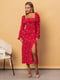 Червона розкльошена сукня-міді з квітковим принтом та розрізом | 6804018 | фото 3