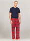 Пижама: однотонная синяя футболка и брюки красные в принт | 6804704 | фото 4