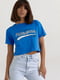 Укорочена синя футболка з написом Pasadena | 6806041 | фото 5