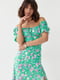 Літня квіткова сукня міді з куліскою на грудях зелена | 6806785 | фото 3