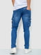 Синие джинсы с потертостями и накладными карманами | 6812521 | фото 4