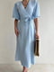 Блакитна сукня А-силуету “на запах” з об’ємними рукавами | 6820510 | фото 3