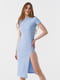 Блакитна сукня в рубчик з високим розрізом | 6853779