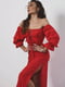 Довга червона сукня в горошок з імітацією корсета на шнурівці та високим розрізом збоку | 6858560 | фото 2