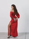 Довга червона сукня в горошок з імітацією корсета на шнурівці та високим розрізом збоку | 6858560 | фото 4