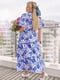 Синя принтована сукня-халат із софту з V-подібним вирізом і комірцем, рукава і низ декоровані мереживом | 6858562 | фото 2