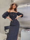 Довга чорна сукня в горошок з імітацією корсета на шнурівці та високим розрізом збоку | 6858564 | фото 8
