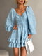 Блакитна сукня міні з мусліну в квітковий принт з подвійною спідницею, прикрашеною рюшею | 6858663 | фото 10