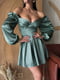 Зелена сатинова сукня міні  з об”ємними широкими рукавами та імітацією чашок | 6858677 | фото 7