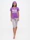 Бавовняна пурпурово-сіра піжама з принтом: футболка та бриджі | 6865588